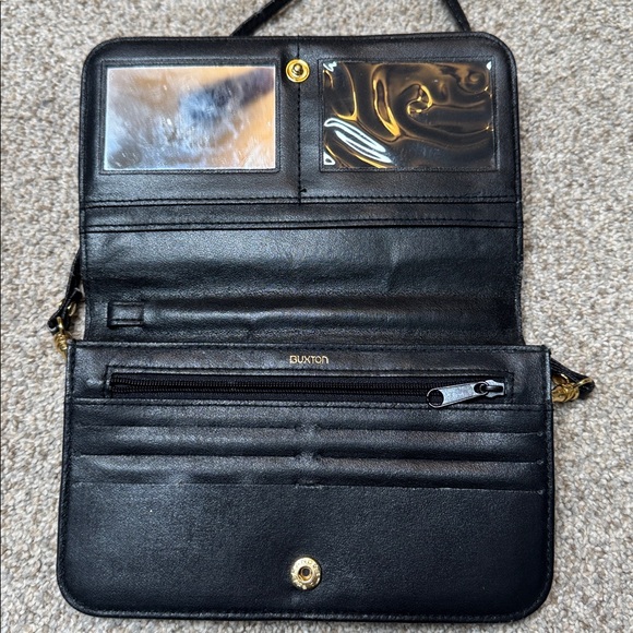 BUXTON Classic Black Leather Crossbody Purse, Wallet, With Mirror - Picture 6 of 13